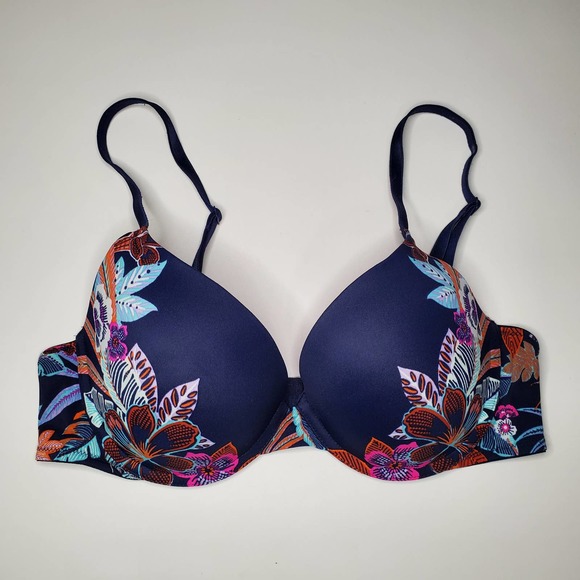 PINK BY VICTORIA'S SECRET WEAR EVERYWHERE PUSH UP BRA SIZE 34C BLUE FLORAL - Picture 1 of 5